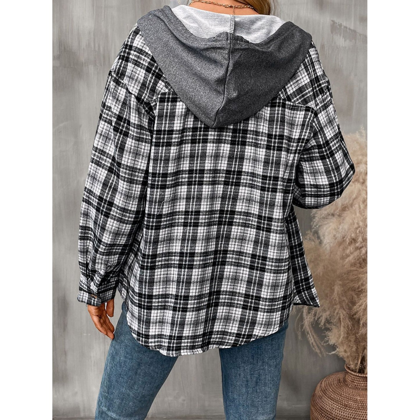Plaid Long Sleeve Hooded Jacket