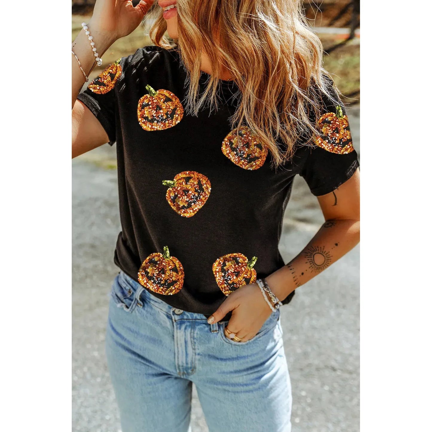 Sequin Pumpkin Round Neck Short Sleeve T-Shirt