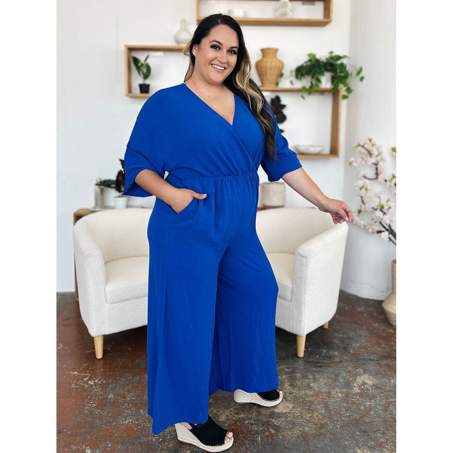 Double Take Full Size Surplice Wide Leg Jumpsuit with Pockets