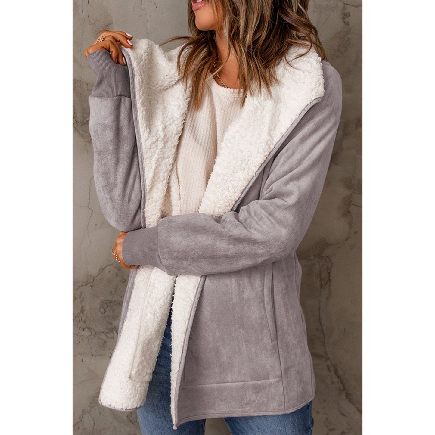 Open Front Long Sleeve Sherpa Jacket