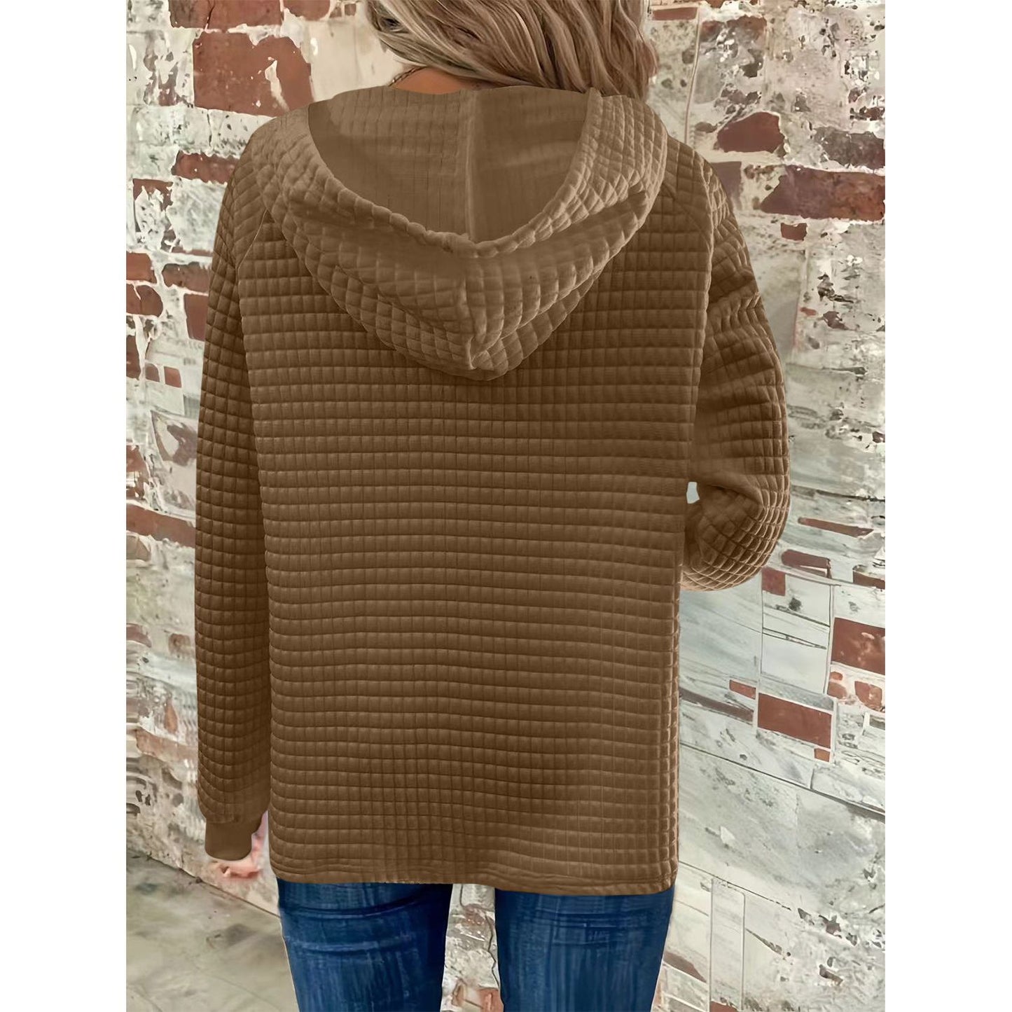 Full Size Texture Button Detail Drawstring Long Sleeve Hoodie