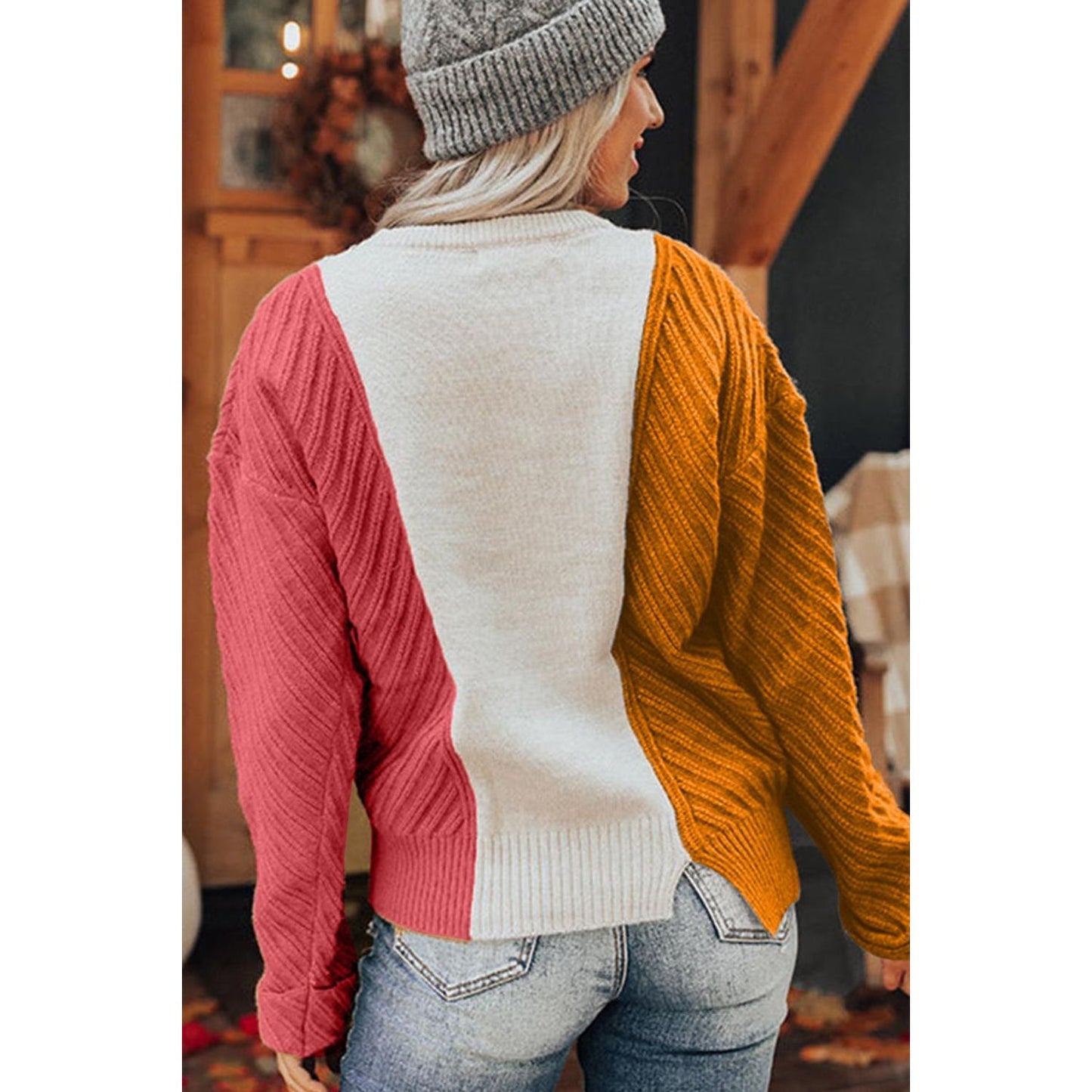 Color Block Textured Drop Shoulder Sweater