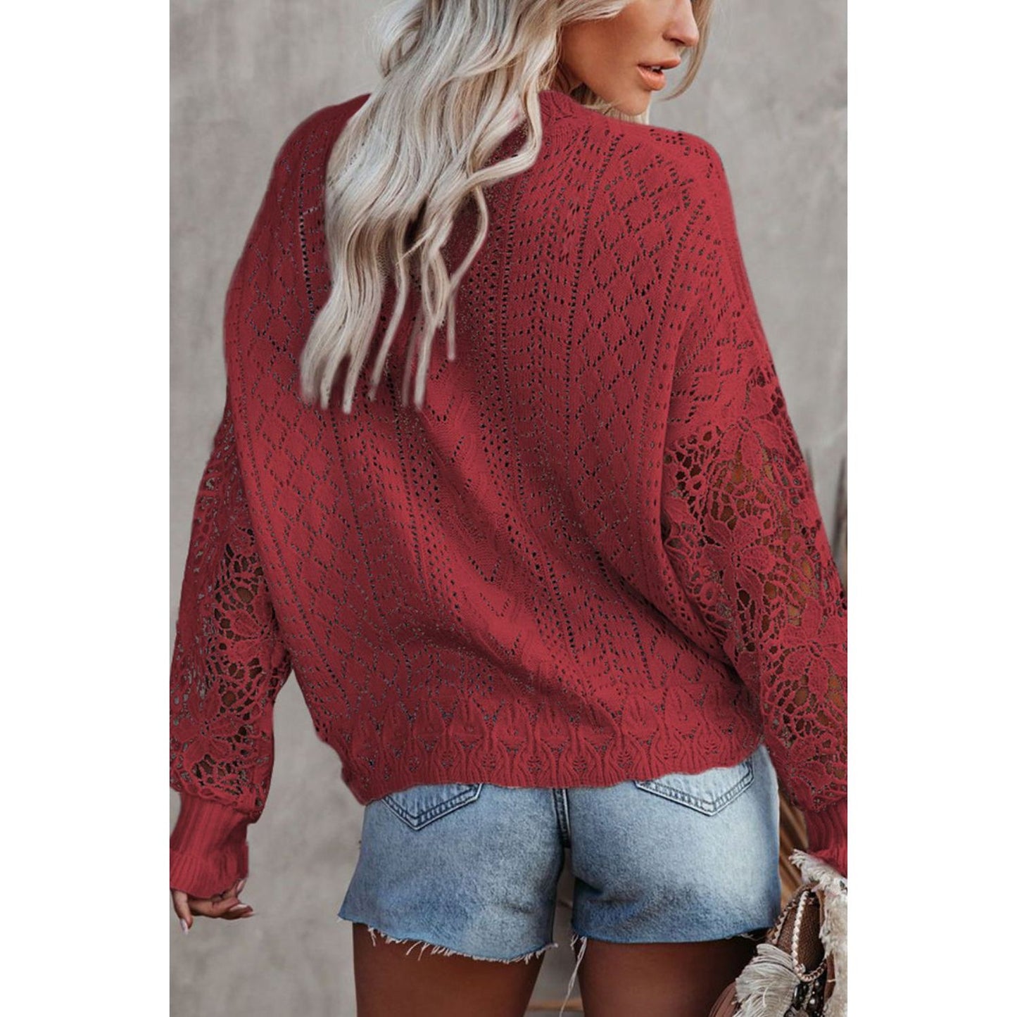 Openwork Round Neck Long Sleeve Sweater
