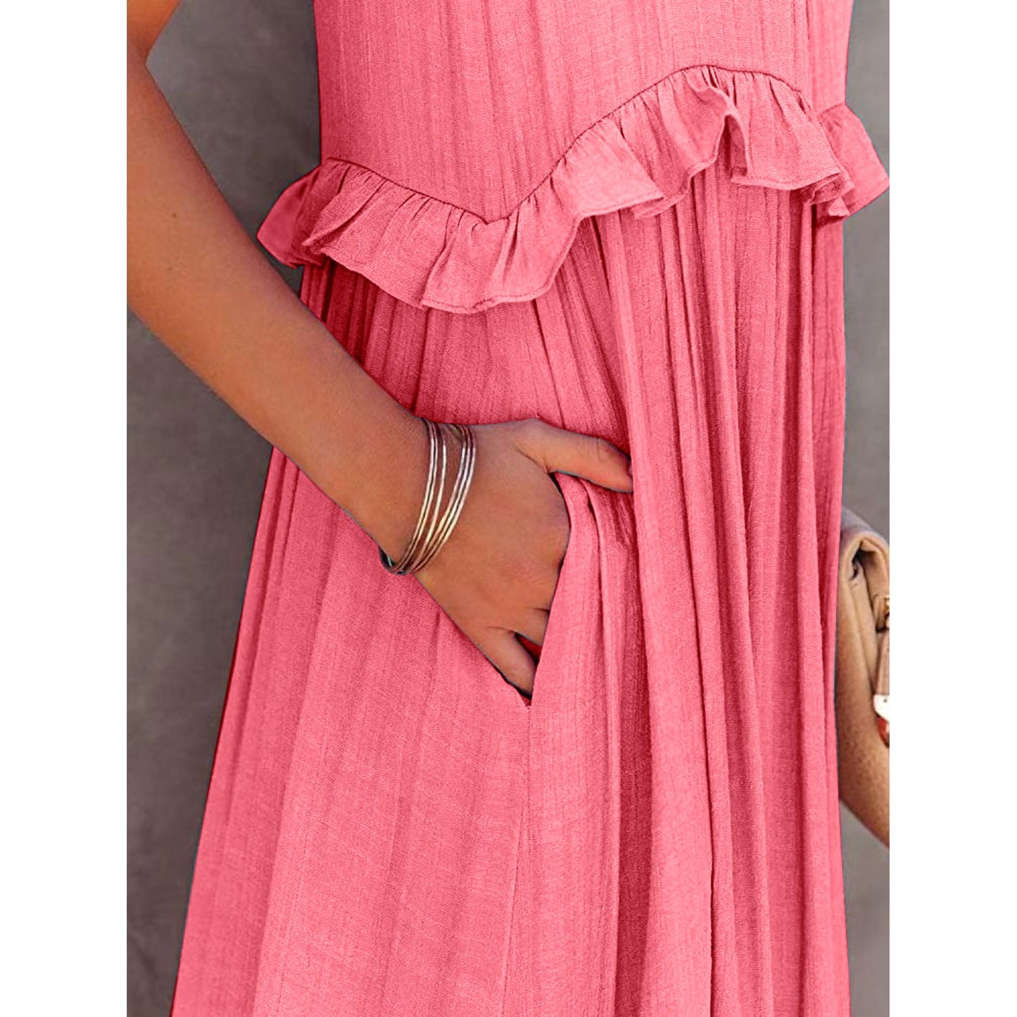 Ruffled Sleeveless Tiered Maxi Dress with Pockets