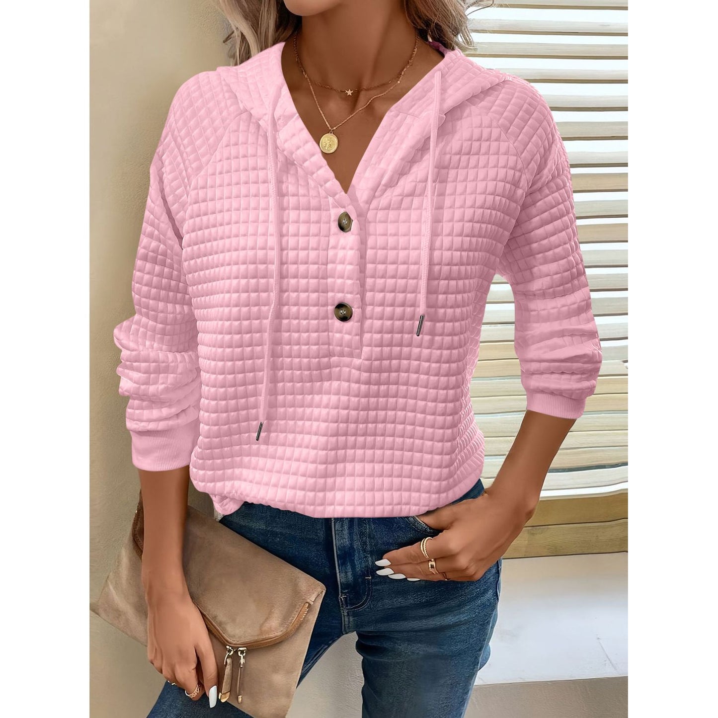 Full Size Texture Button Detail Drawstring Long Sleeve Hoodie