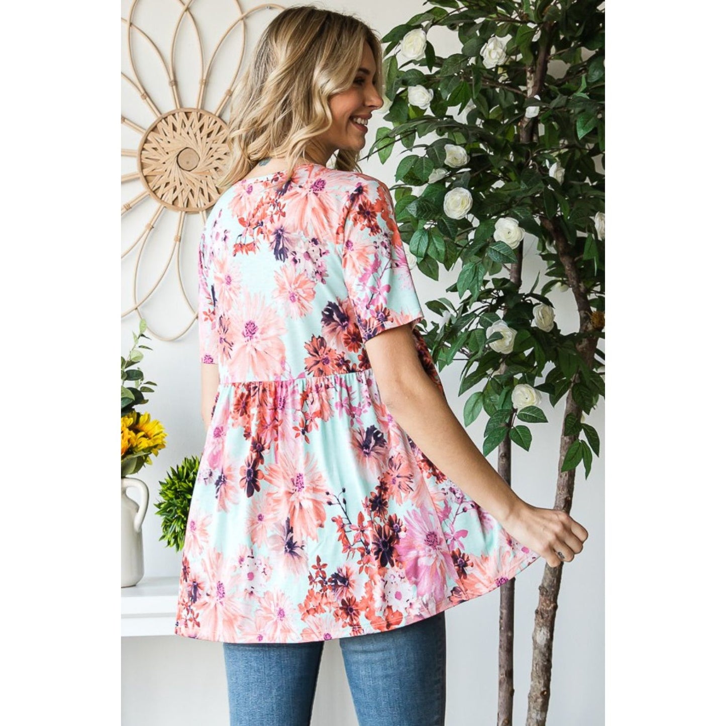 Heimish Full Size Floral V-Neck Short Sleeve Babydoll Blouse