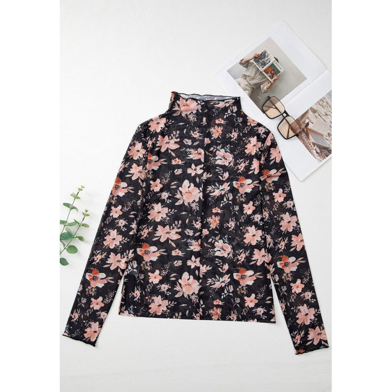 Floral Mock Neck Long Sleeve Blouse