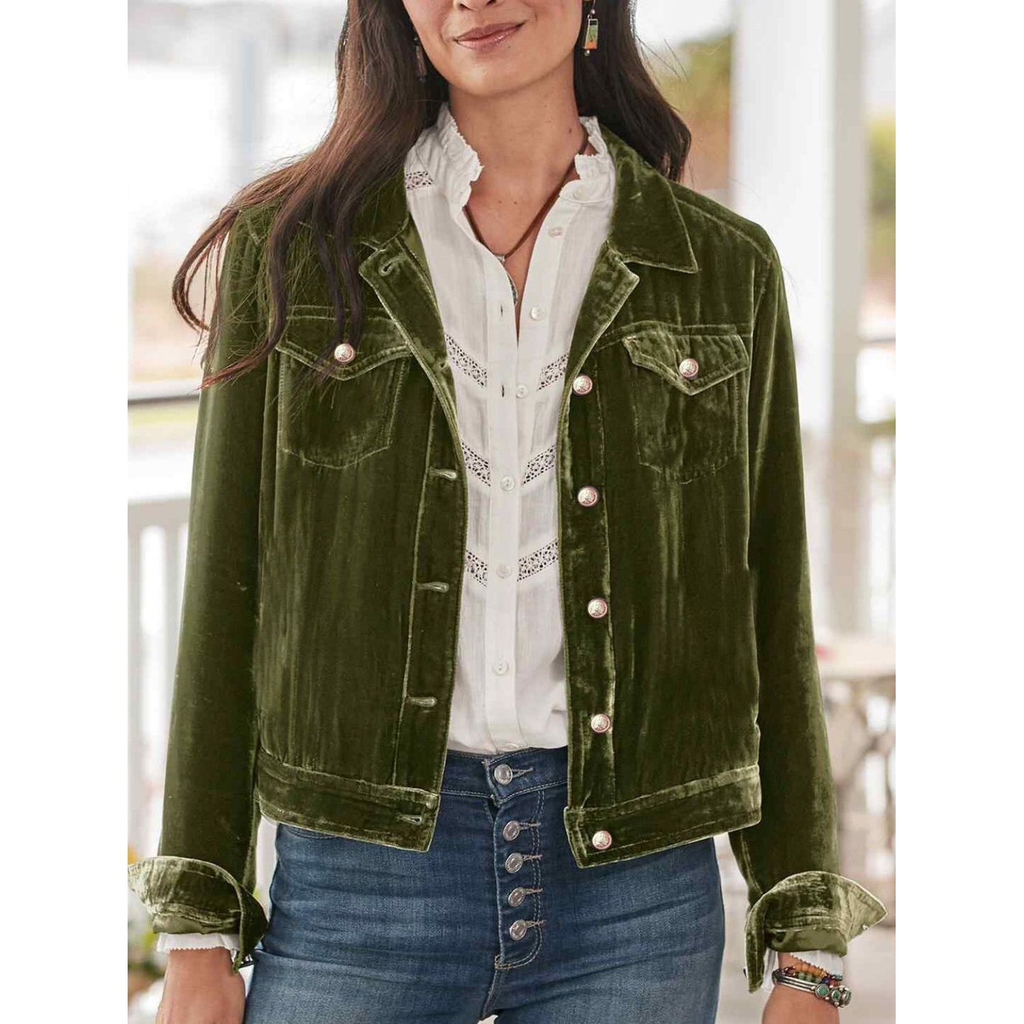 Button Up Long Sleeve Jacket with Chest Pockets