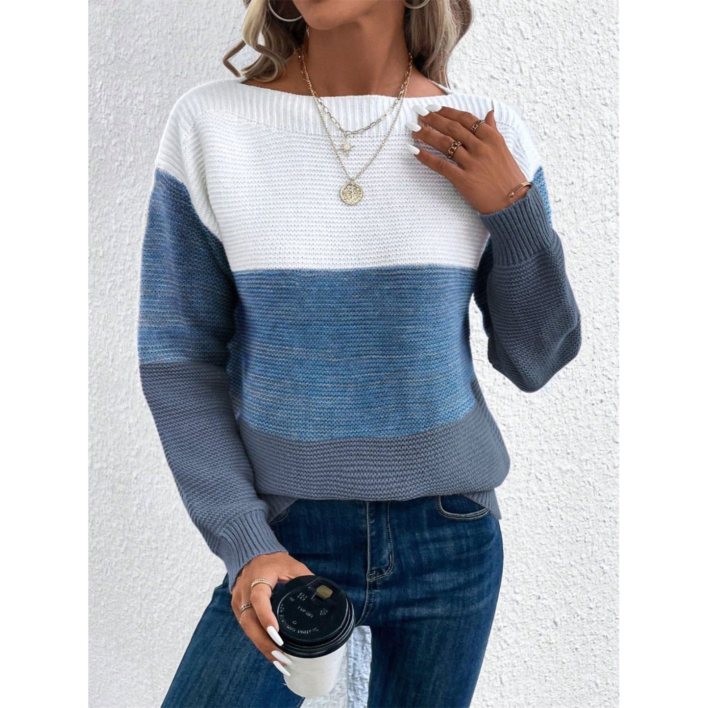Color Block Drop Shoulder Long Sleeve Sweater