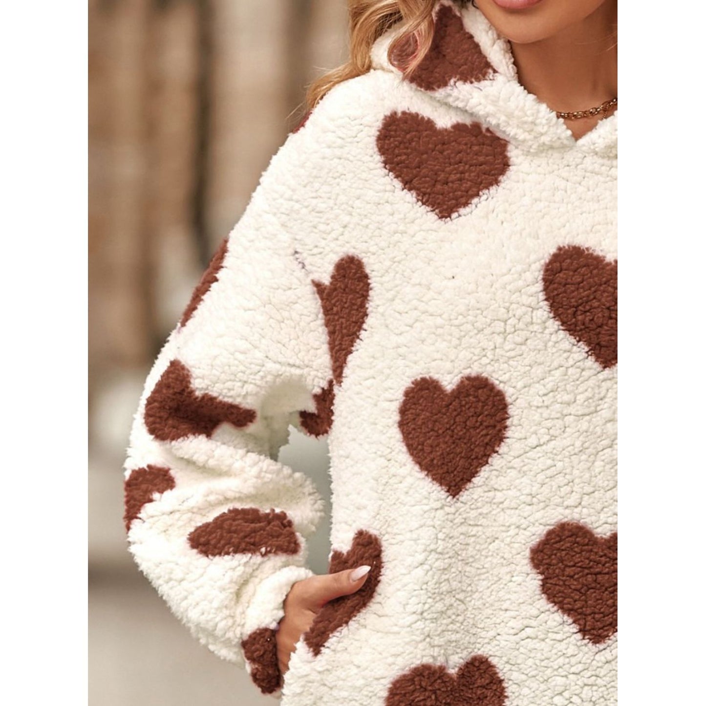 Fuzzy Heart Pocketed Dropped Shoulder Hoodie