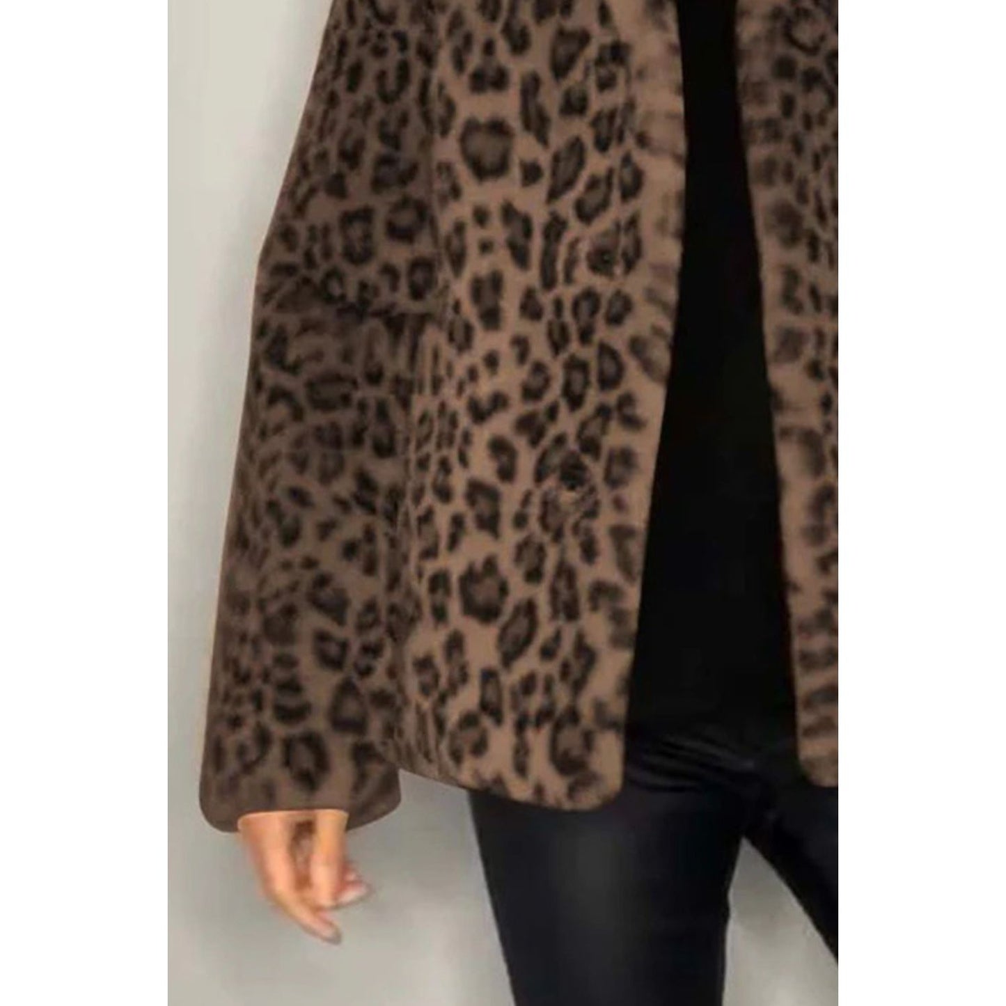 Full Size Leopard Furry Collared Neck Long Sleeve Coat
