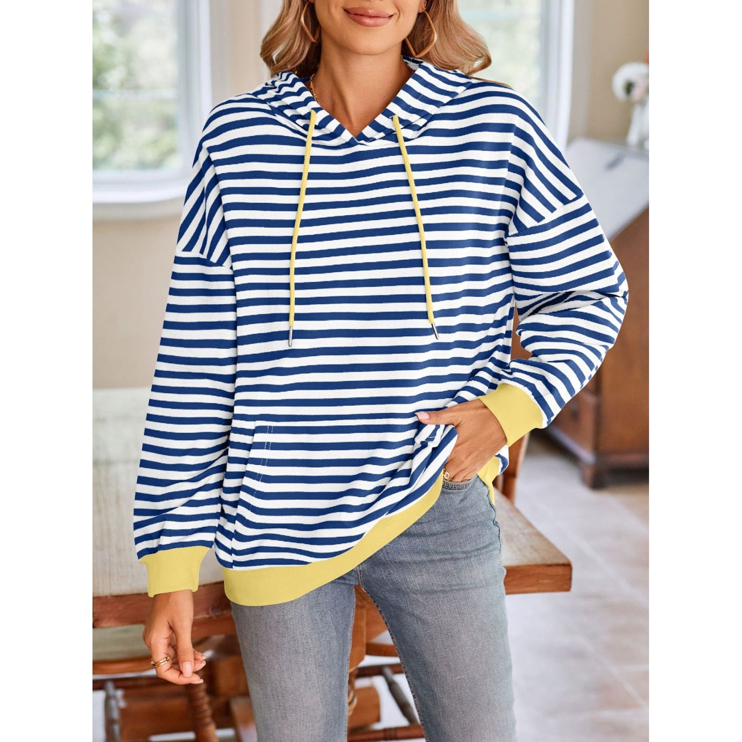 Lovelet Drawstring Striped Long Sleeve Hoodie