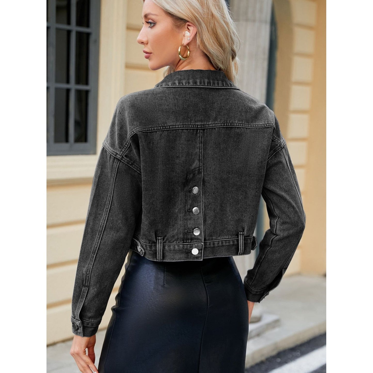 Pocketed Button Up Dropped Shoulder Denim Jacket