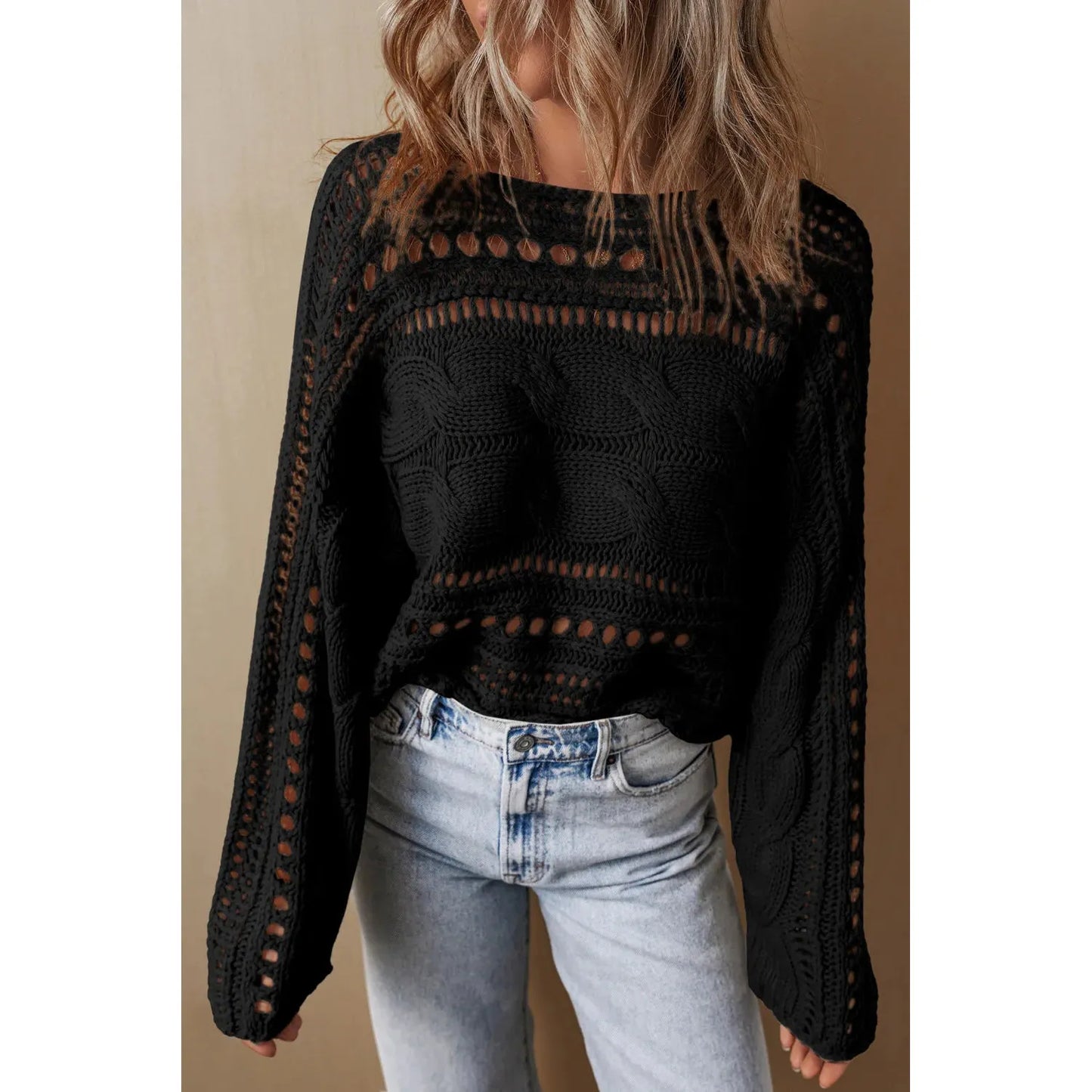 Cable-Knit Openwork Long Sleeve Sweater