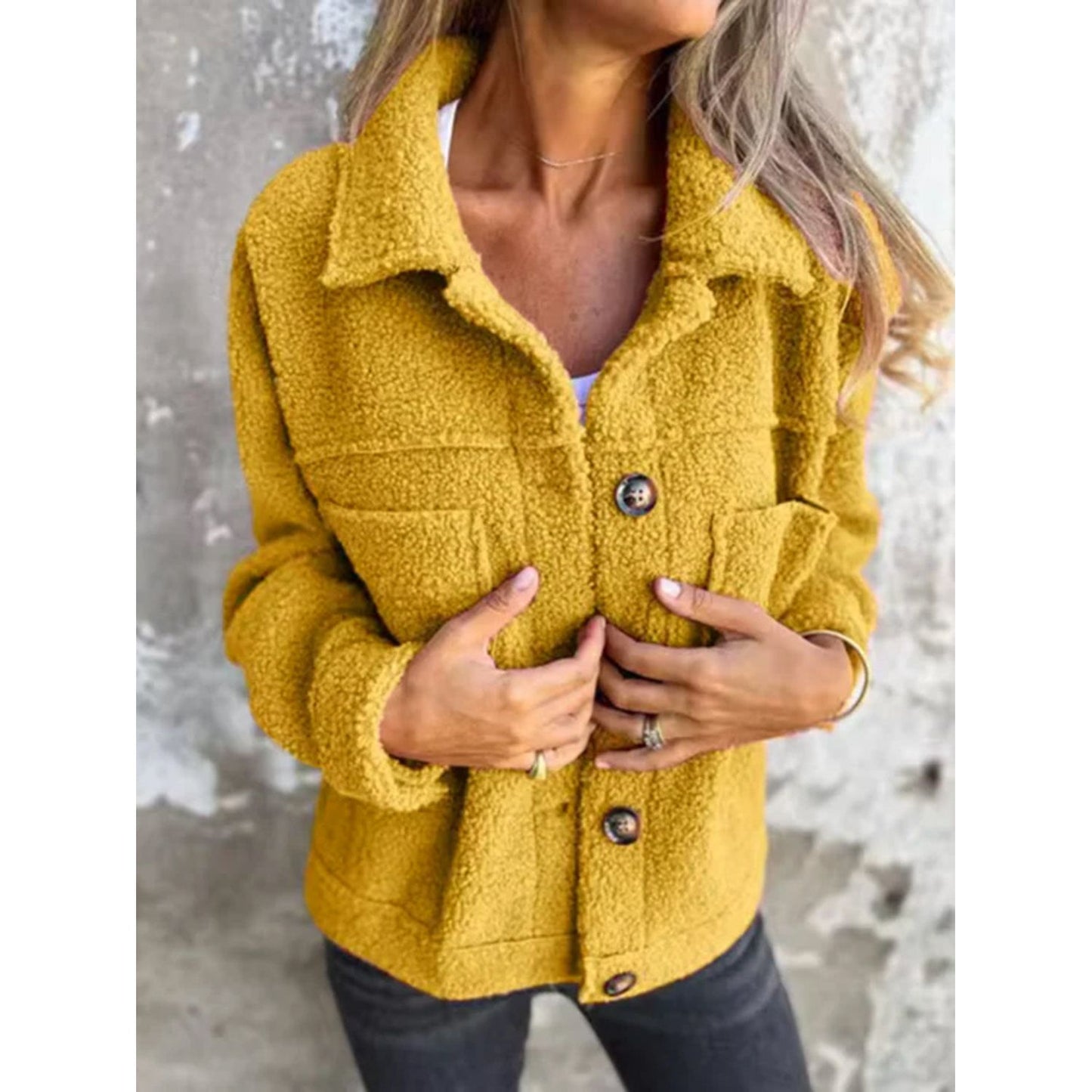 Full Size Fuzzy Button Up Drop Shoulder Jacket