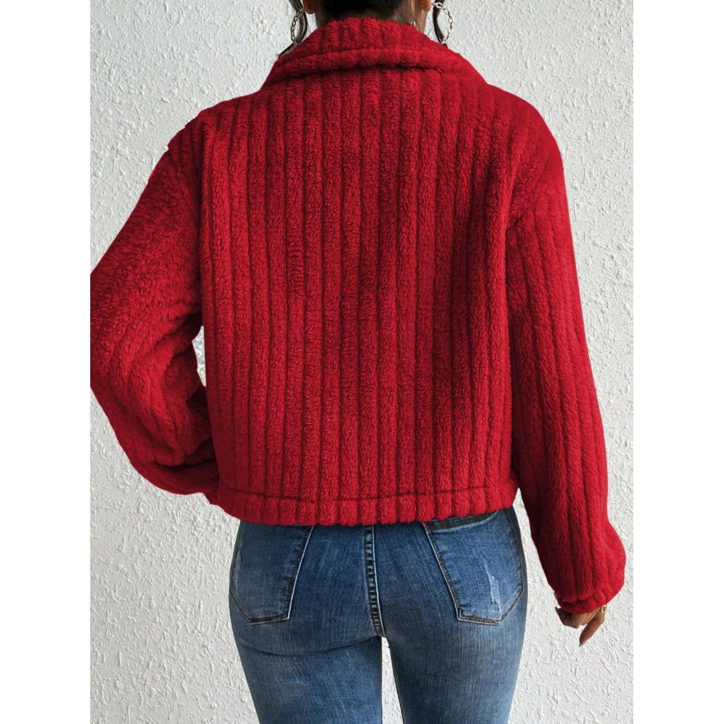 Fuzzy Button Up Collared Neck Jacket