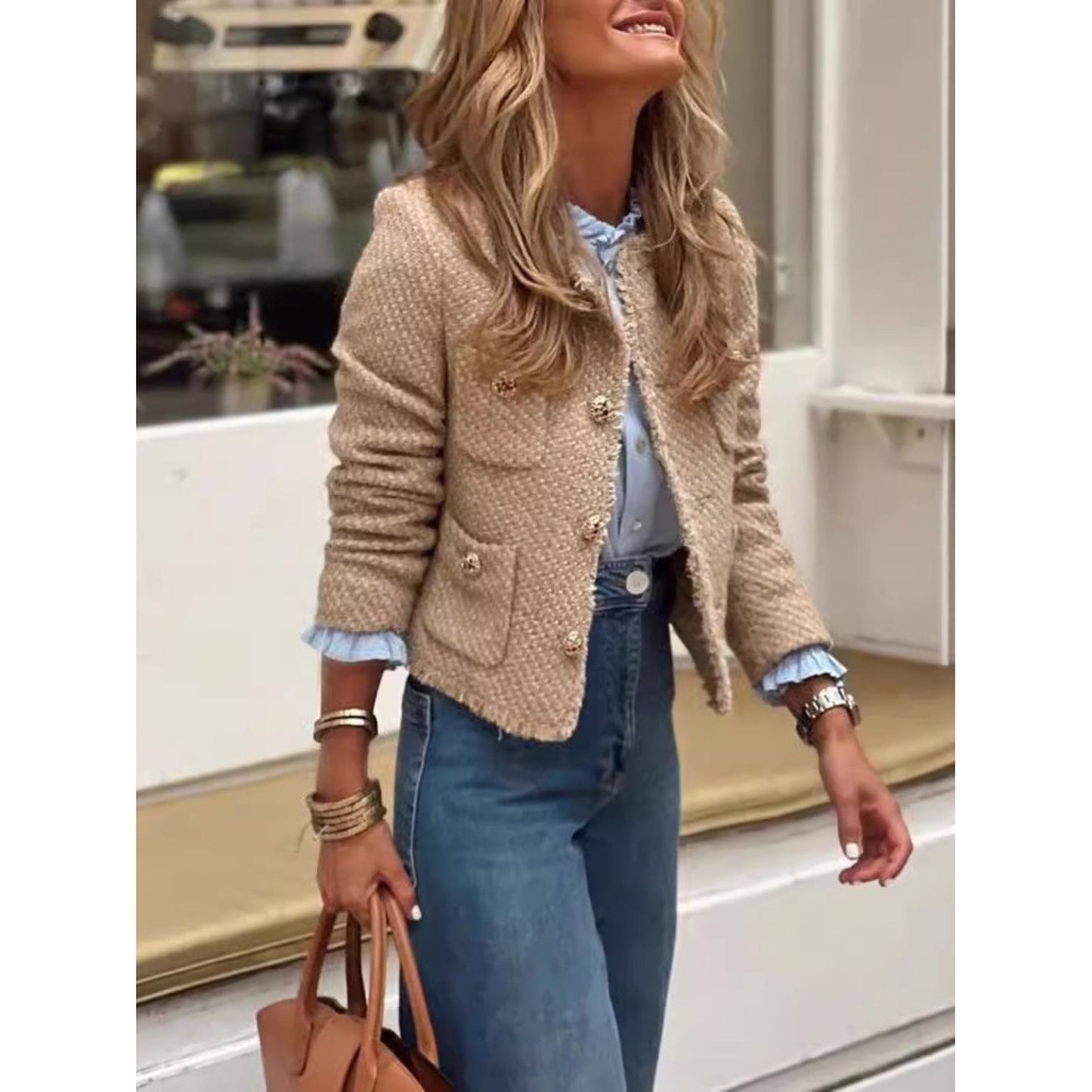 Raw Hem Pocketed Round Neck Jacket