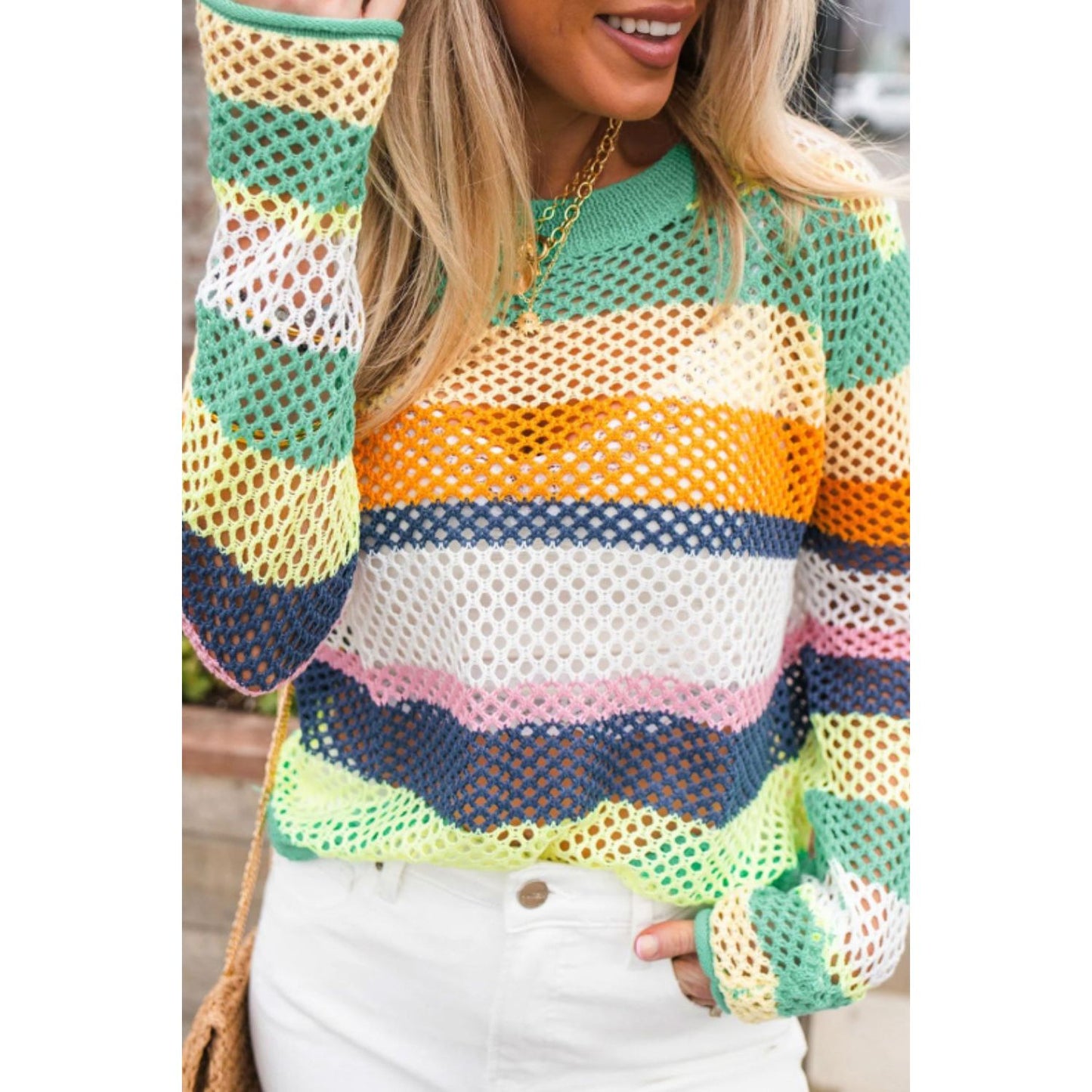 Openwork Contrast Striped Round Neck Knit Top