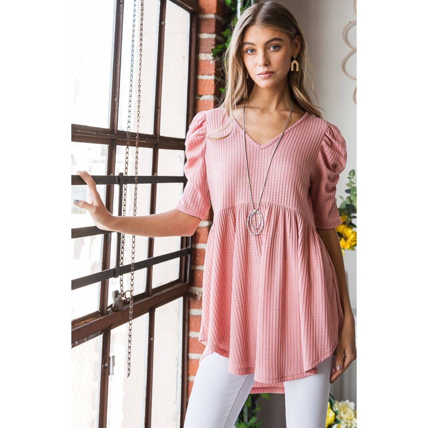 Heimish Full Size Waffle Knit V-Neck Babydoll Top