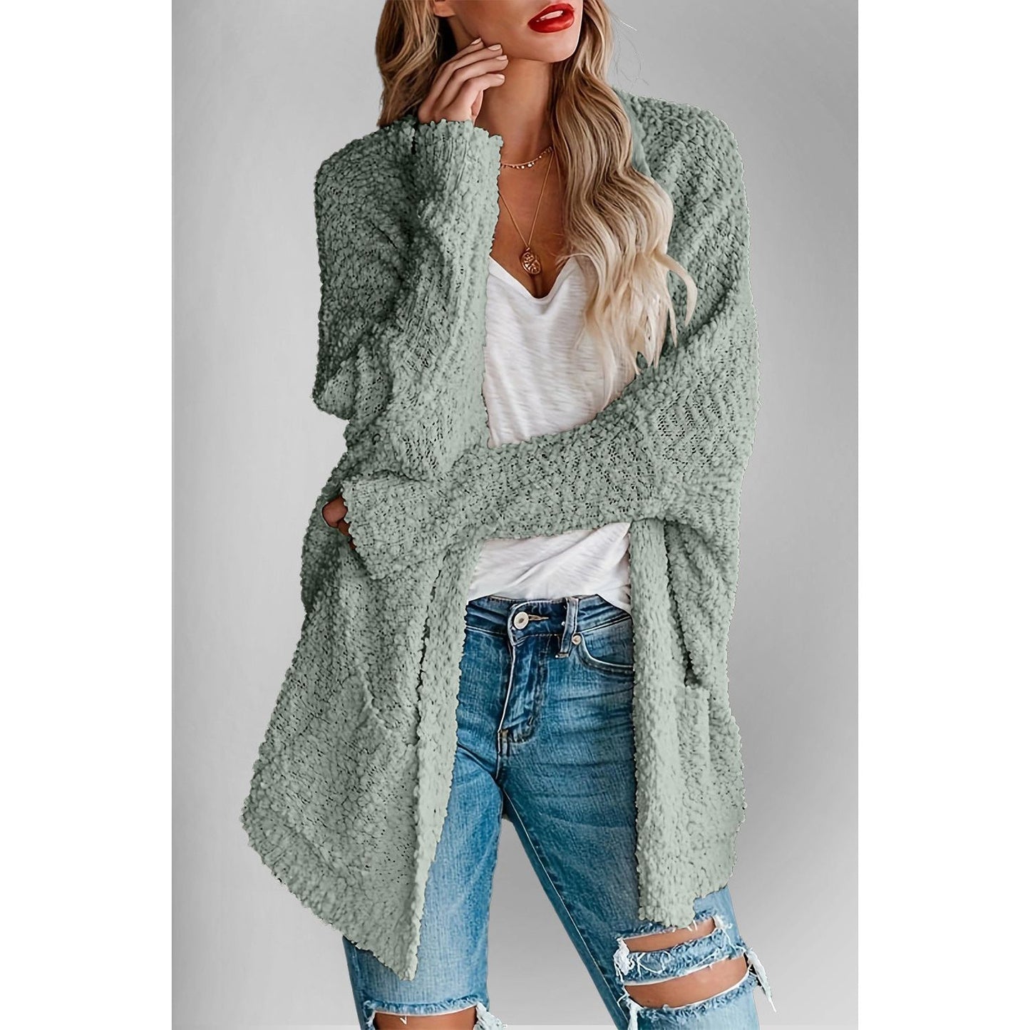 Double Take Pocketed Open Front Long Sleeve Cardigan