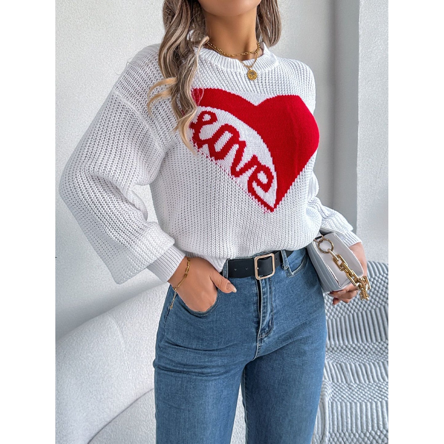 LOVE Heart Round Neck Dropped Shoulder Sweater