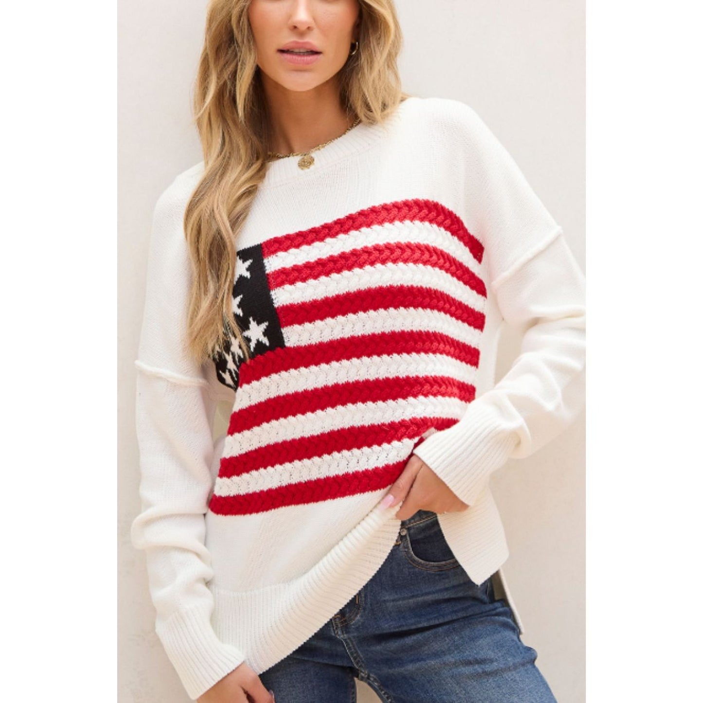 US Flag Side Slit Drop Shoulder Sweater