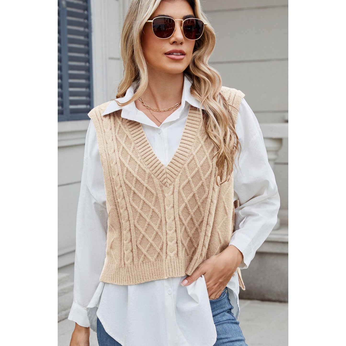 Cable-Knit V-Neck Sweater Vest