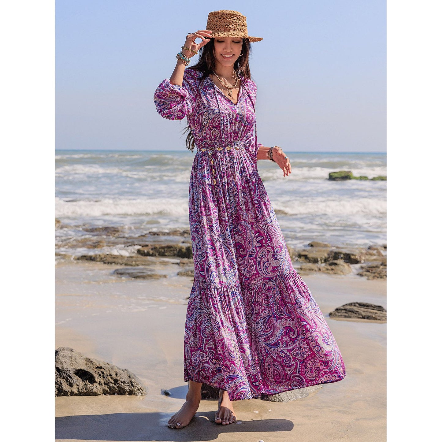 Printed Tie Neck Balloon Sleeve Maxi Dress