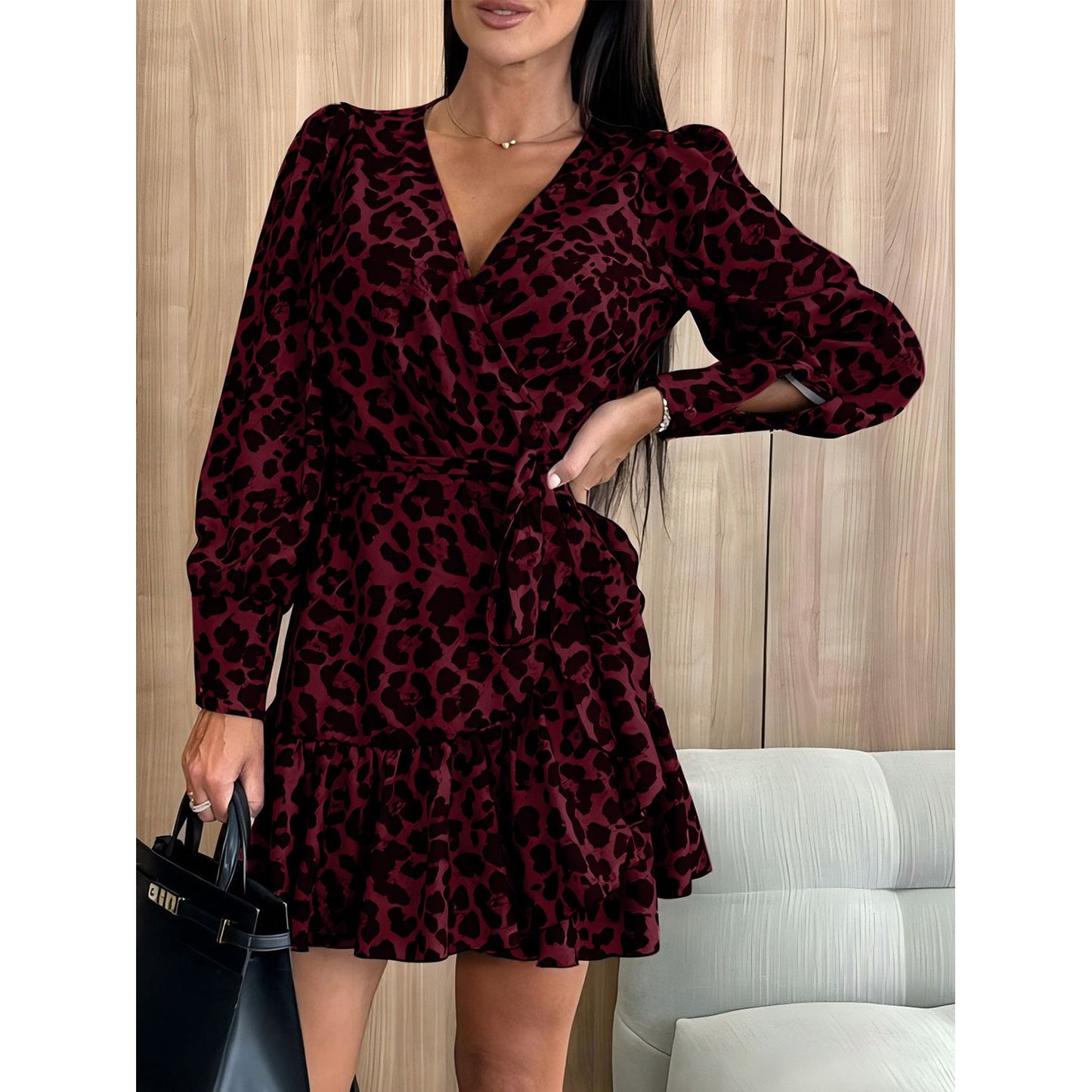 Tied Leopard Surplice Long Sleeve Dress