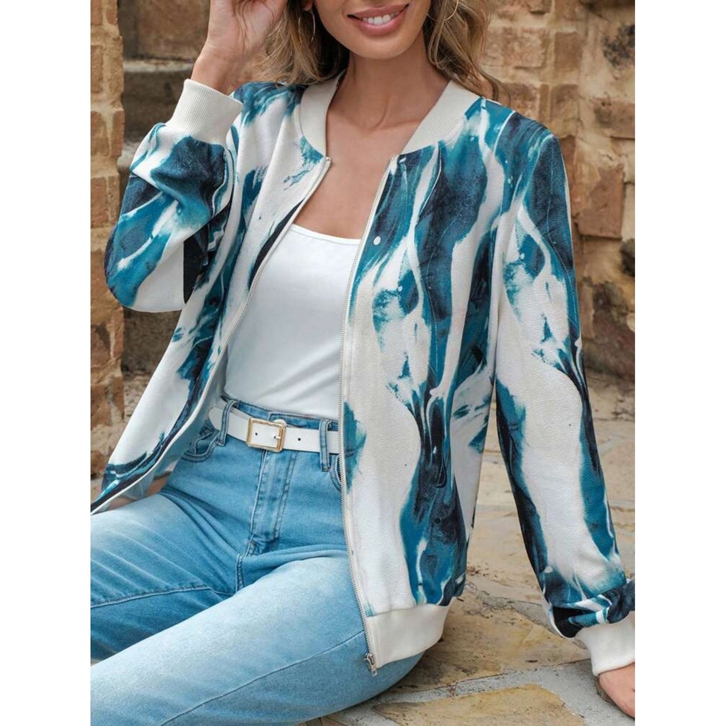 Printed Baseball Collar Zip Up Jacket