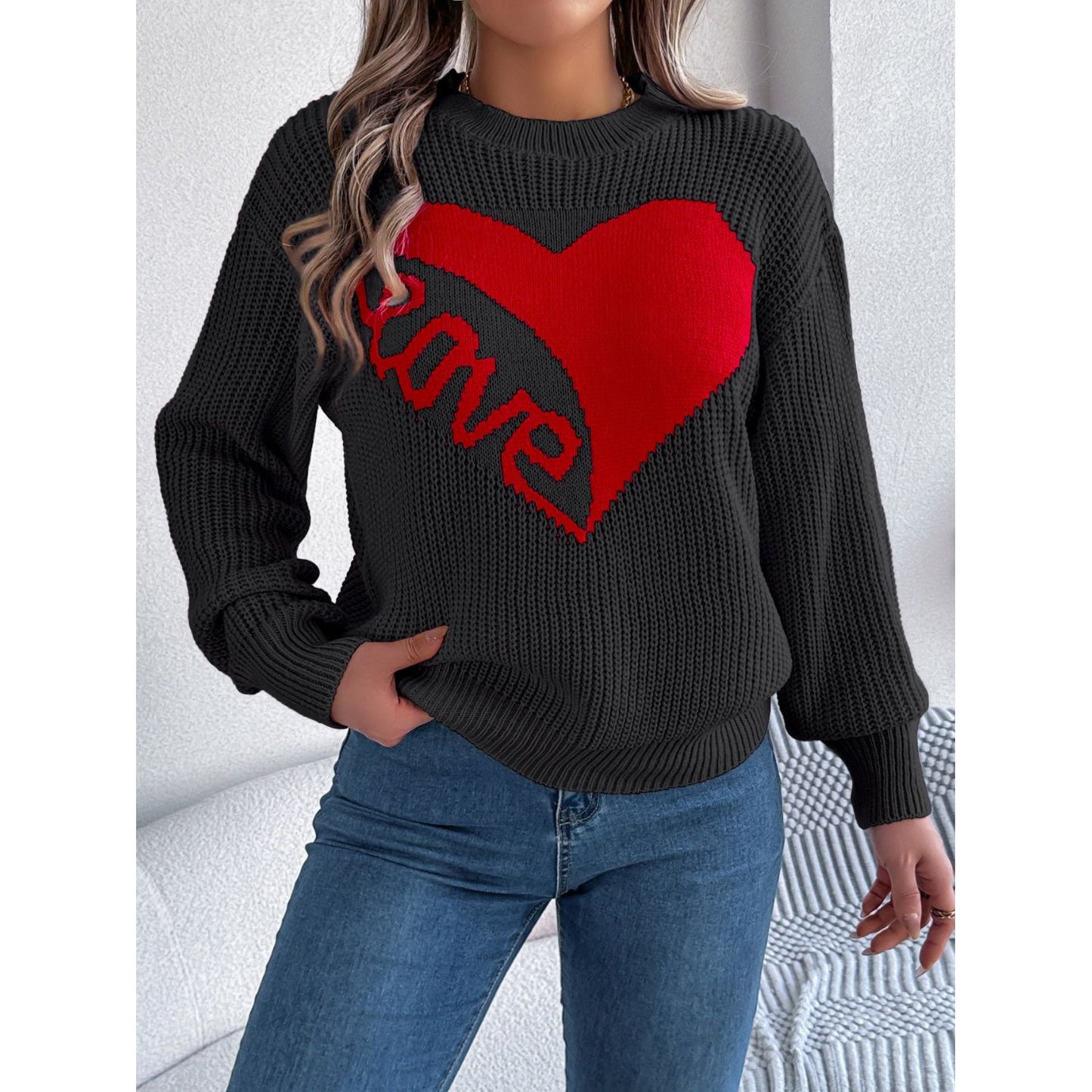 LOVE Heart Round Neck Dropped Shoulder Sweater