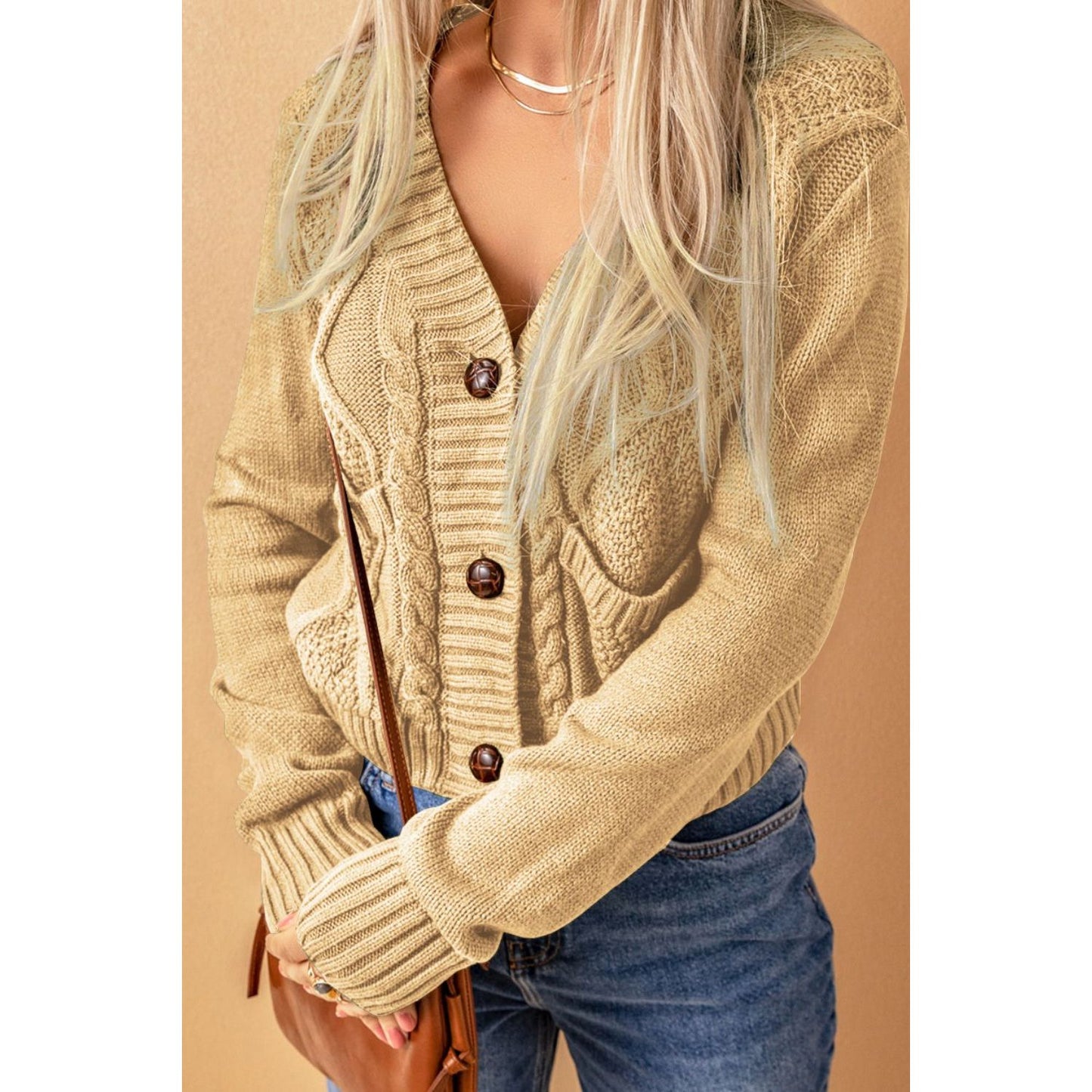 Cable-Knit Button Down V-Neck Cardigan