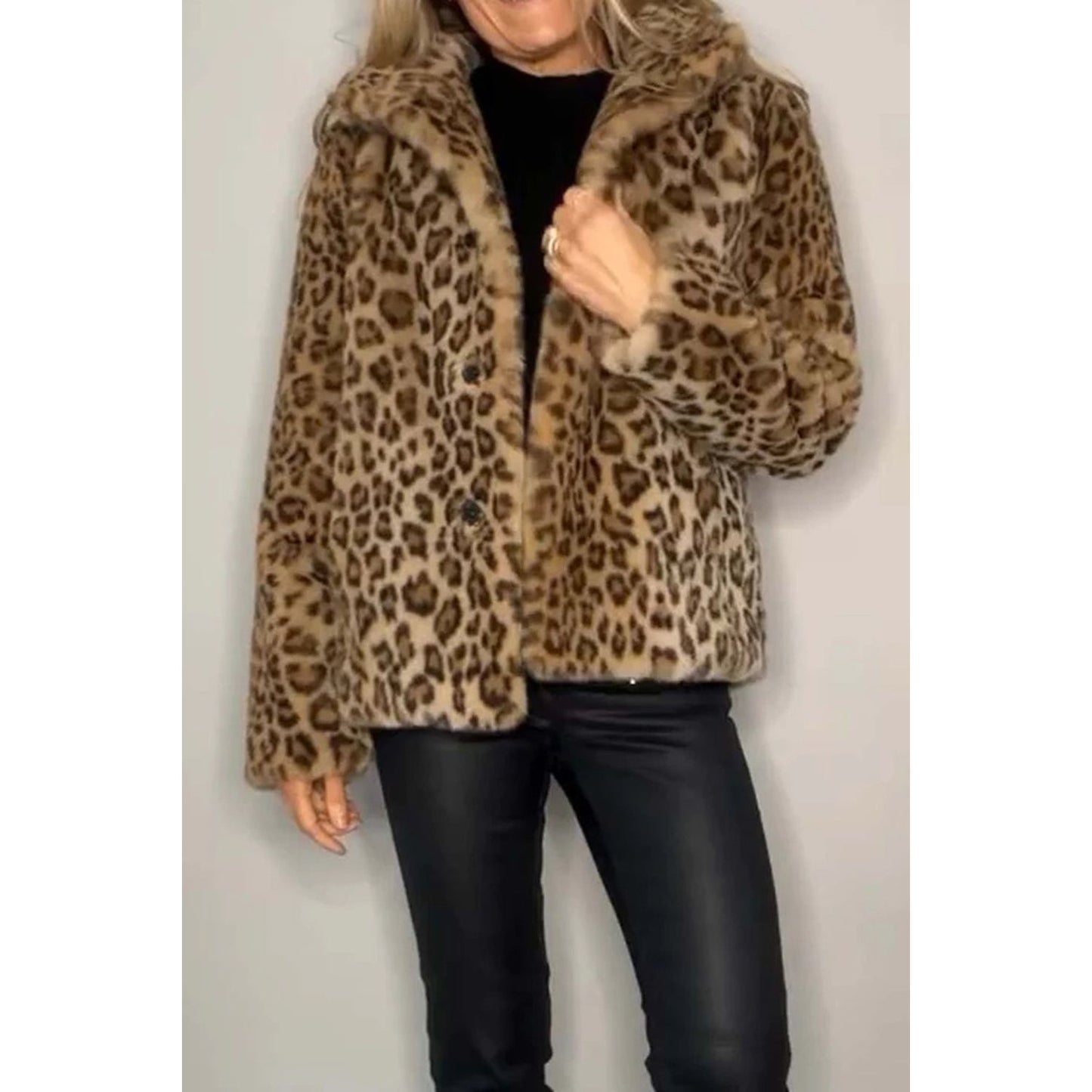 Full Size Leopard Furry Collared Neck Long Sleeve Coat
