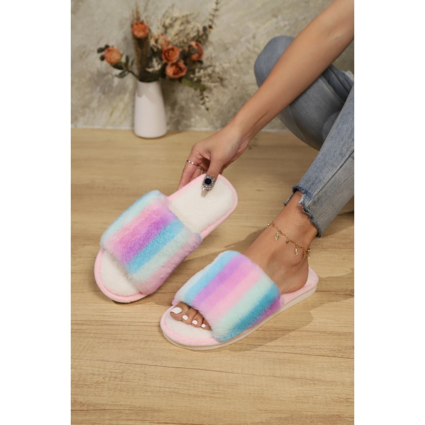 Color Block Open Toe Faux Fur PVC Slippers