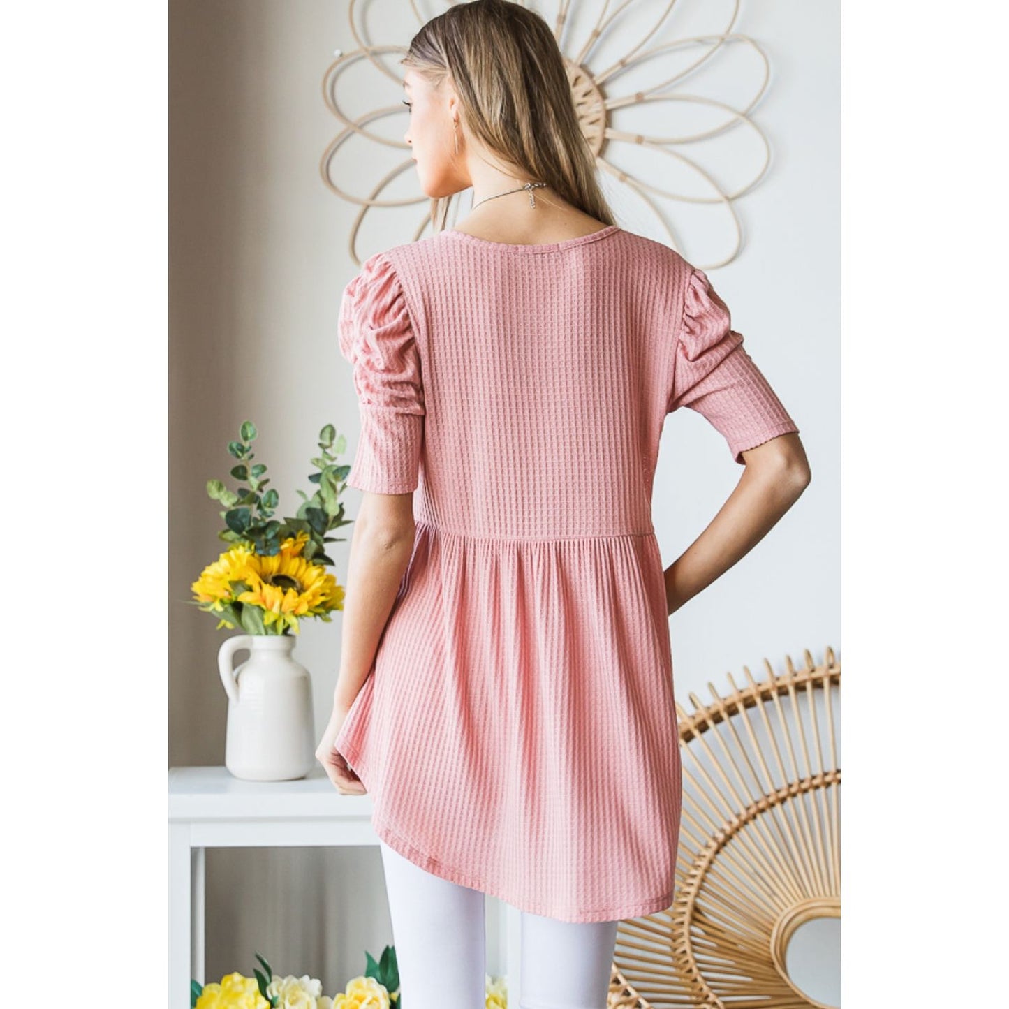 Heimish Full Size Waffle Knit V-Neck Babydoll Top