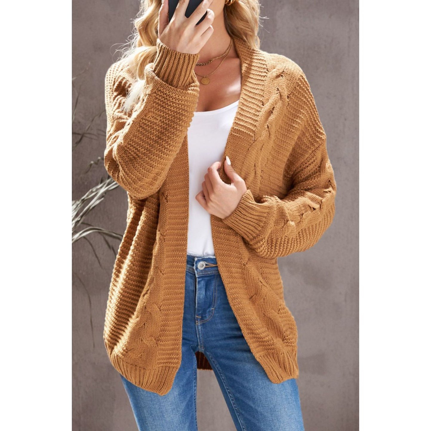 Cable-Knit Open Front Cardigan