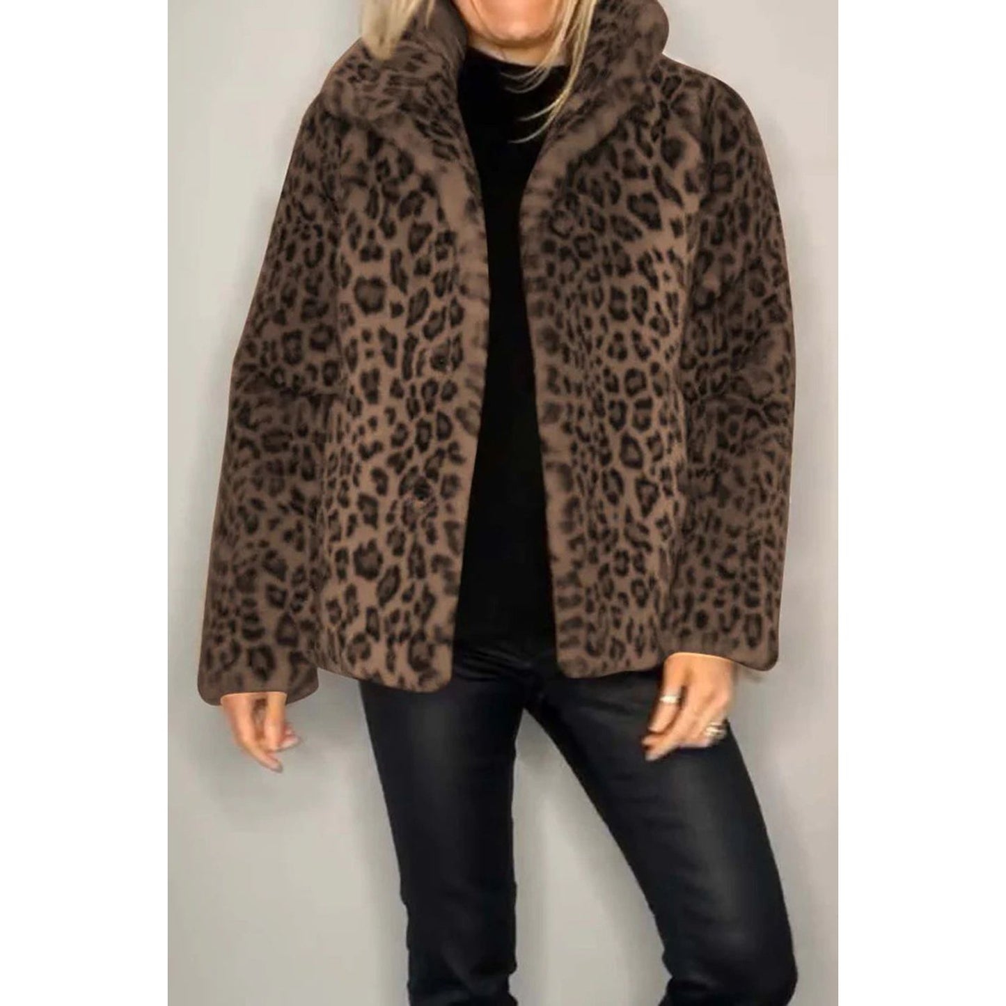 Full Size Leopard Furry Collared Neck Long Sleeve Coat