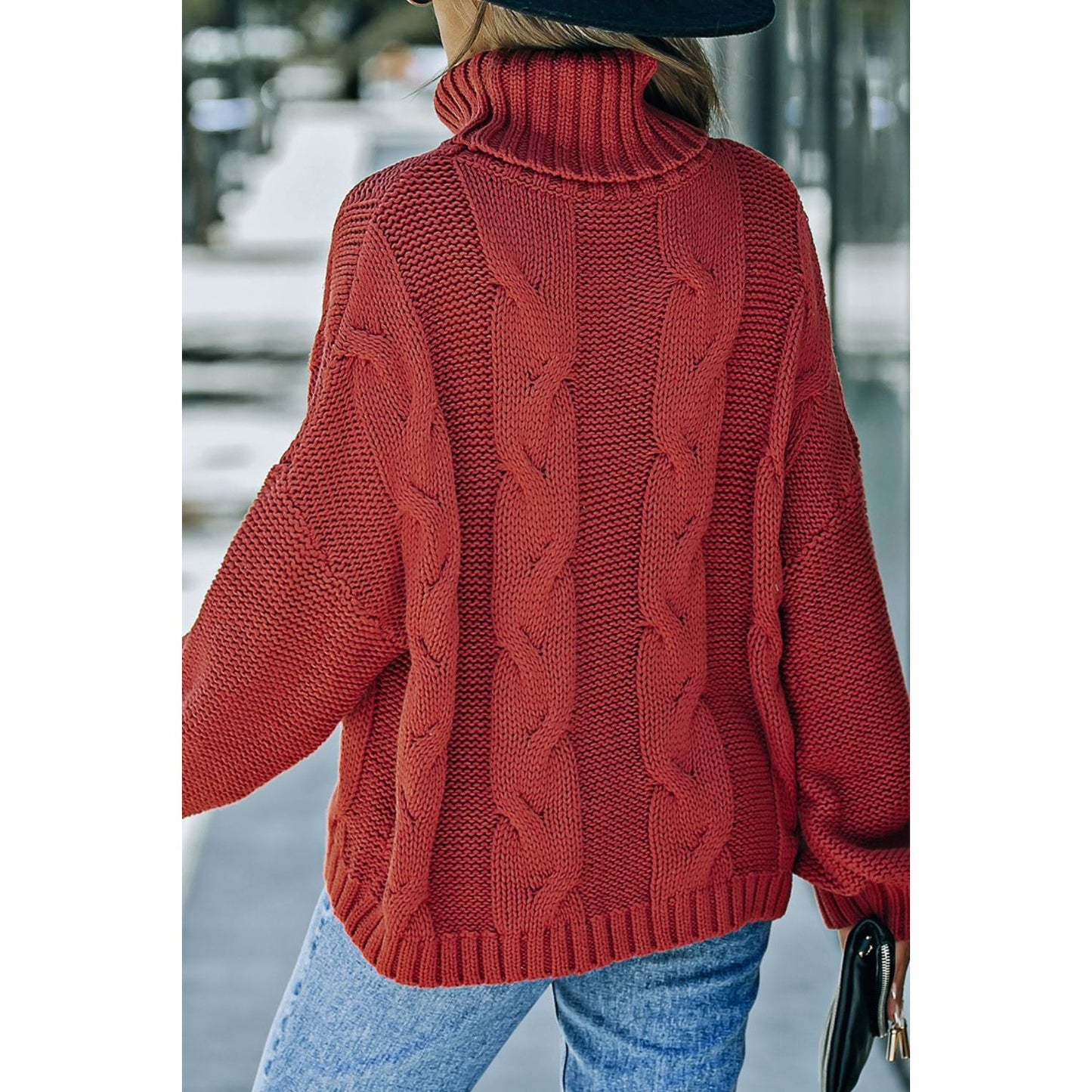 Cable-Knit Turtleneck Dropped Shoulder Sweater