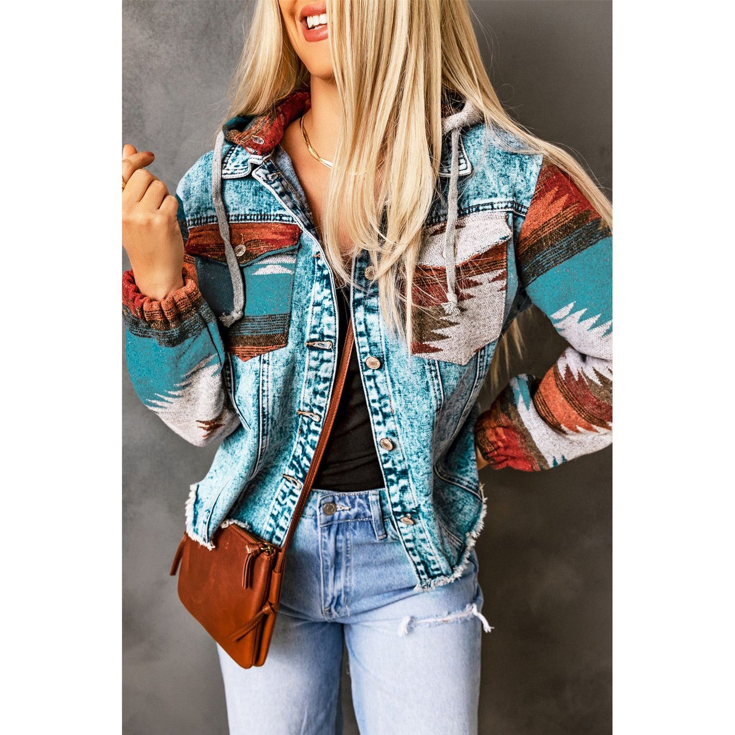 Drawstring Hooded Pocketed Denim Jacket