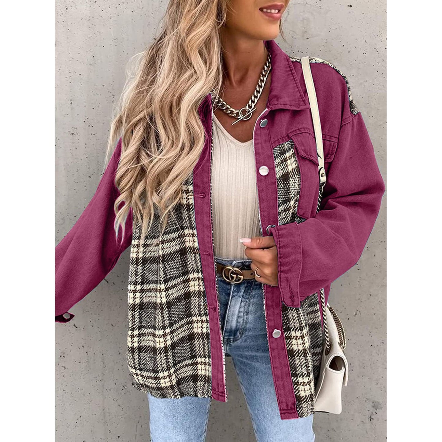 Plaid Button Up Dropped Shoulder Jacket