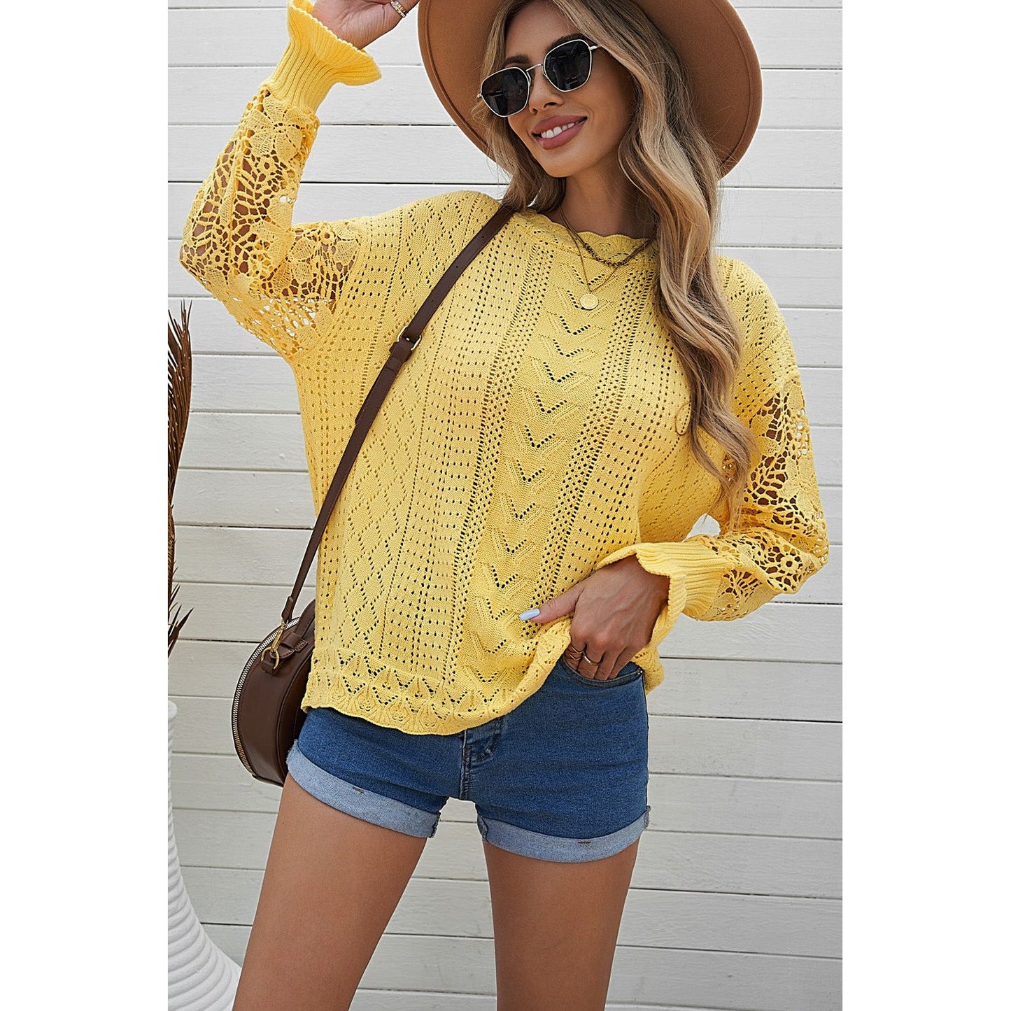 Openwork Round Neck Long Sleeve Sweater