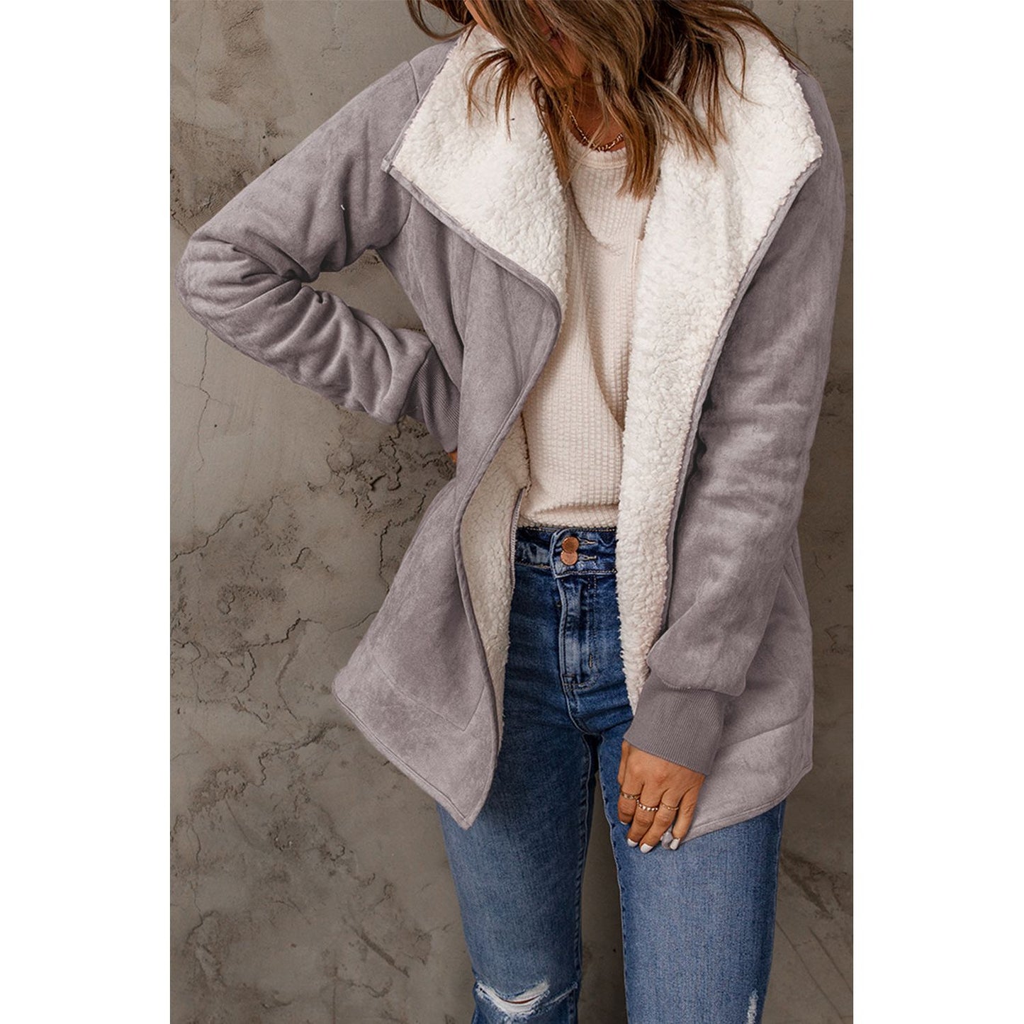 Open Front Long Sleeve Sherpa Jacket