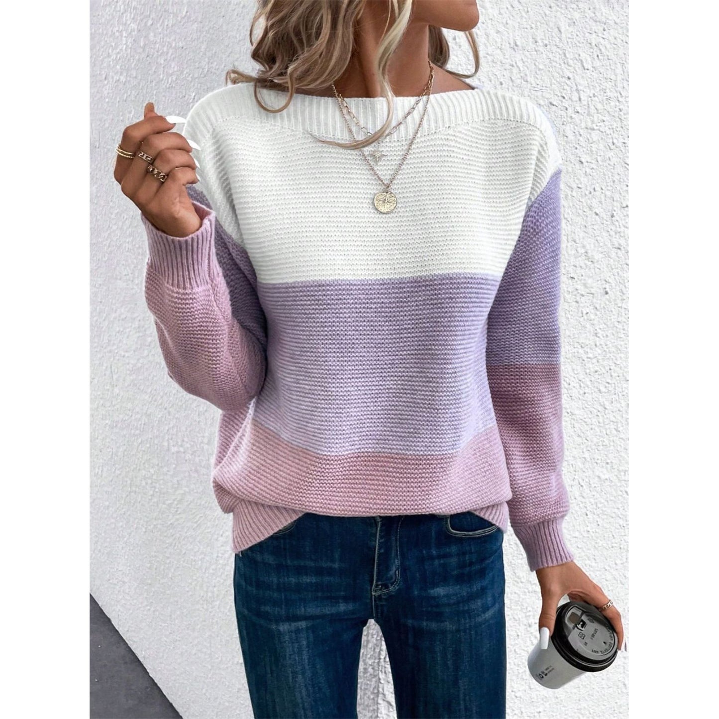 Color Block Drop Shoulder Long Sleeve Sweater