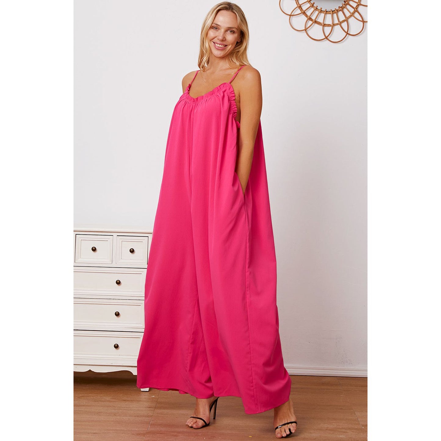 Double Take Full Size Ruffle Trim Tie Back Cami Jumpsuit with Pockets