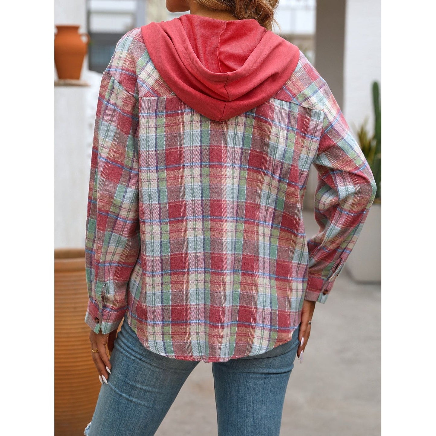 Plaid Long Sleeve Hooded Jacket