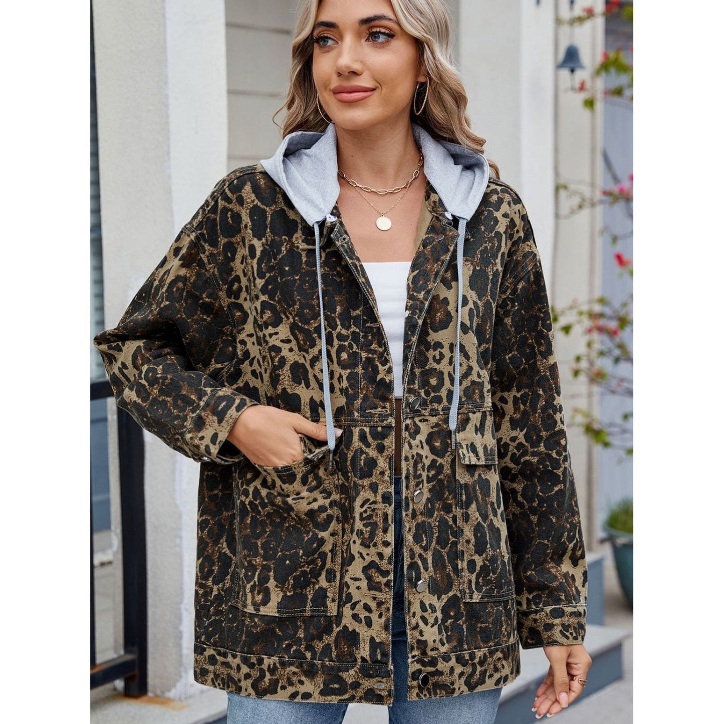 Leopard Button Up Drop Shoulder Denim Jacket