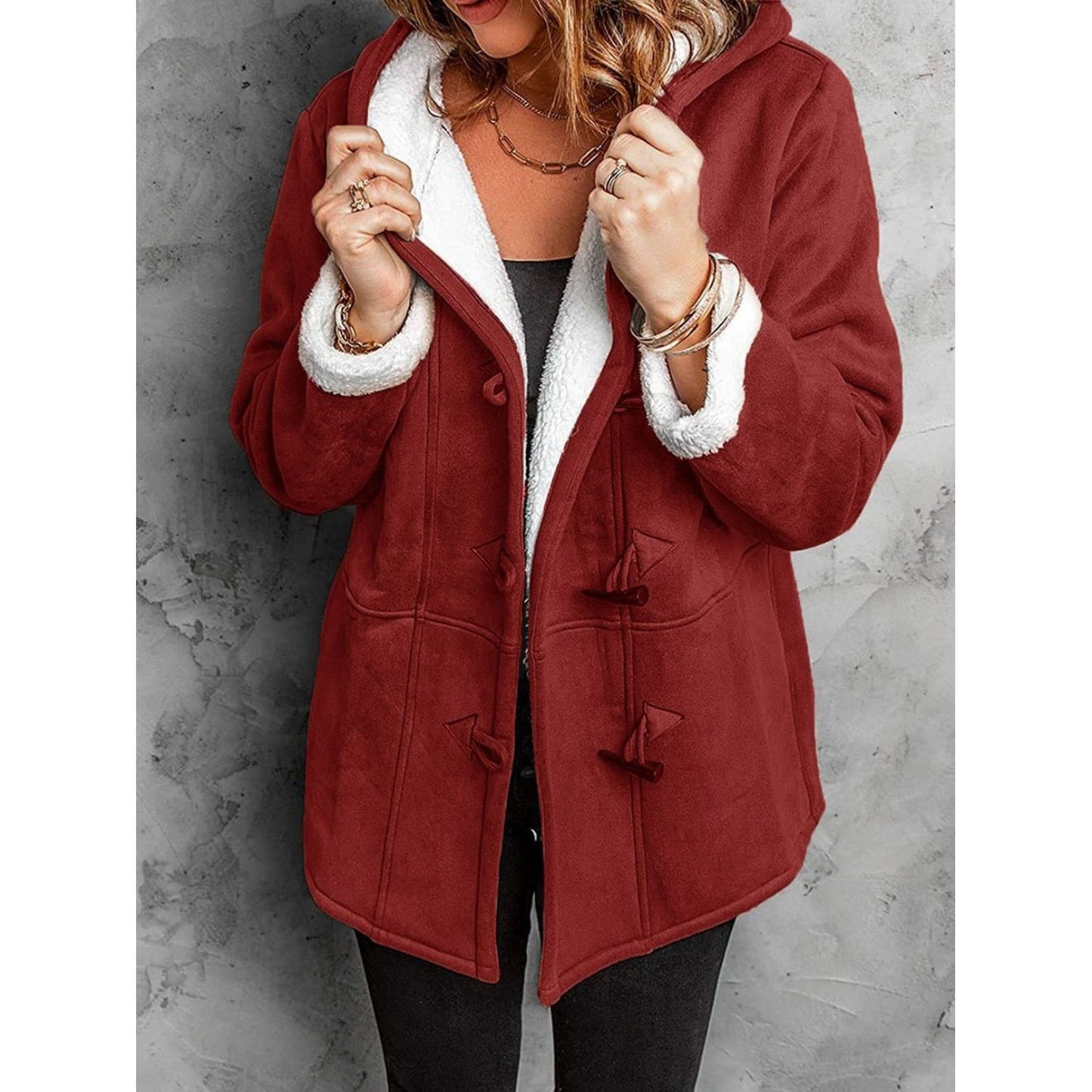 Full Size Pocketed Long Sleeve Hooded Toggle Jacket