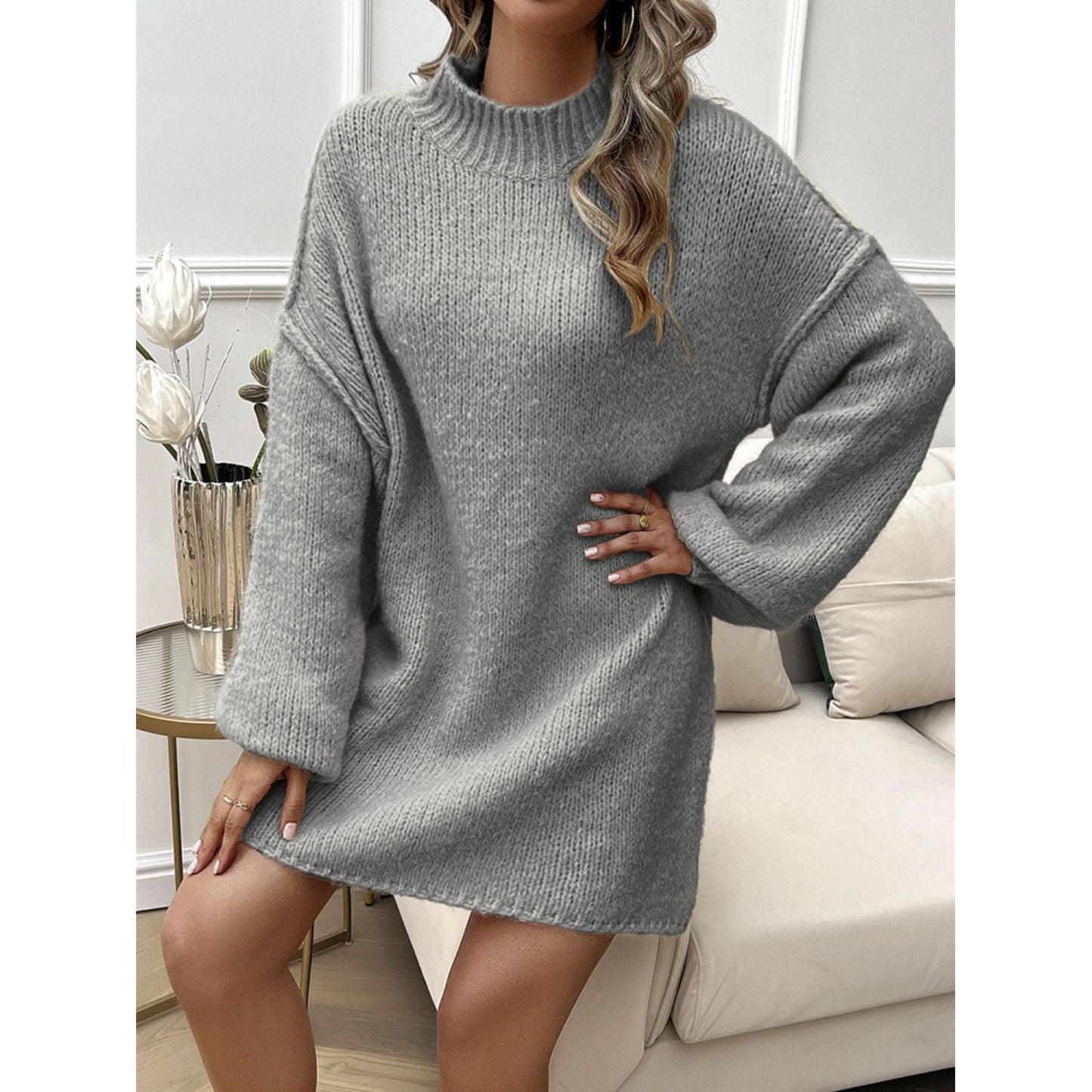 Devine Mock Neck Long Sleeve Mini Sweater Dress