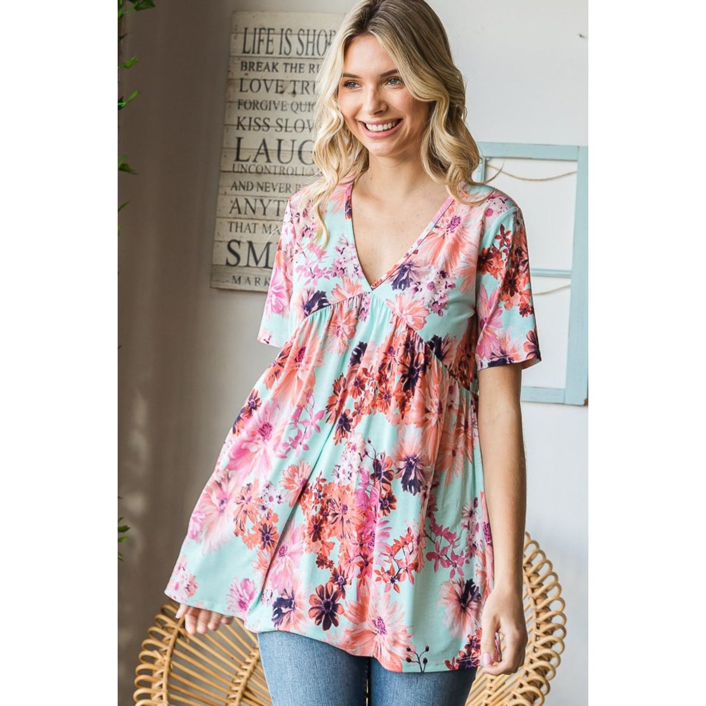 Heimish Full Size Floral V-Neck Short Sleeve Babydoll Blouse