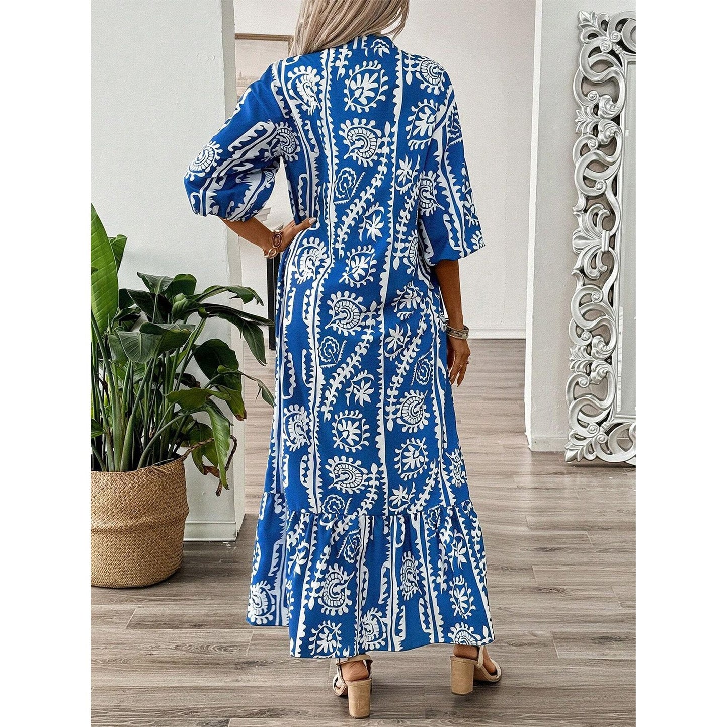 Printed Notched Half Sleeve Maxi Dress